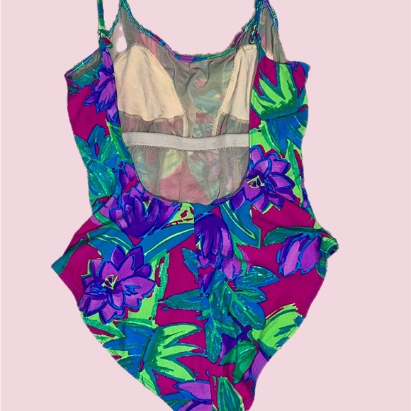Late 80s early 90s one piece swimsuit with neon vibrant floral print  | large - Picture 4 of 6
